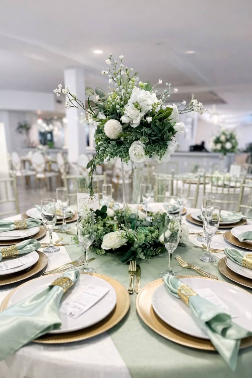 Elegant mint green tablescape with white floral centerpiece and gold charger plates at Carissa Venue
